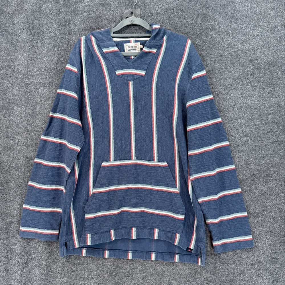 Faherty Baja Hoodie Men Large Blue Striped Organic Cotton Pullover Casual Pocket